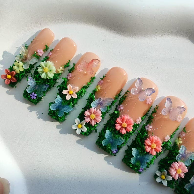 3D Floral Press On Nails: Green Plant Luxury Acrylic Nails image 5