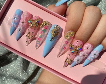Handmade 3D Flower Butterfly Press On Nails: Luxury Acrylic Faux Gel