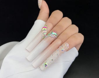 Bling Diamond White Gradient Press On Nails - Handmade Acrylic