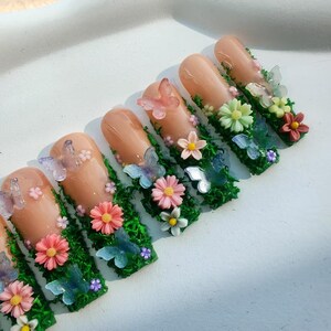 3D Floral Press On Nails: Green Plant Luxury Acrylic Nails image 4