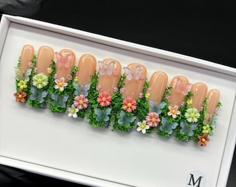 3D Floral Press On Nails: Green Plant Luxury Acrylic Nails
