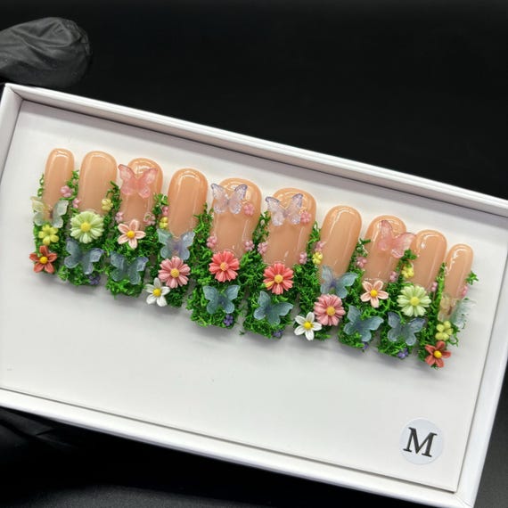 3D Floral Press On Nails: Green Plant Luxury Acrylic Nails