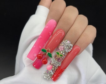 Extra Long Pink Cherry Bling Square Press On Nails