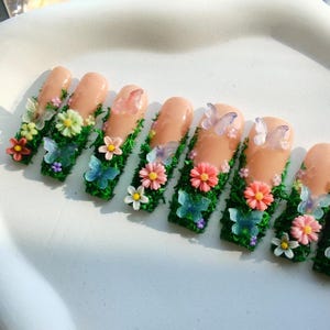 3D Floral Press On Nails: Green Plant Luxury Acrylic Nails image 7