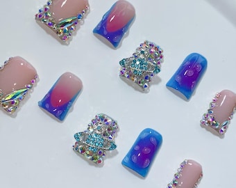 Duck Shape Bling Press On Nails - Pink Blue French Short Nails