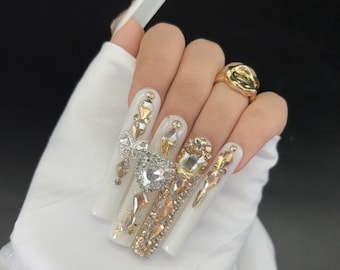 XXL Bling Press On Nails, Luxury Diamond White Acrylic Square Nails