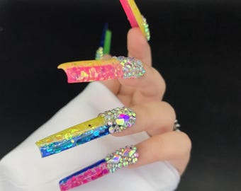 Rainbow Nails Design Colorful Style Extra Long Square Shape Diamonds Bling Press On Nails