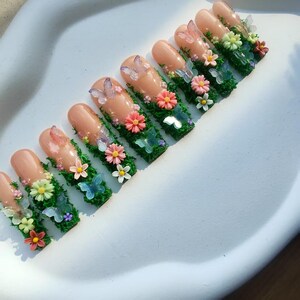 3D Floral Press On Nails: Green Plant Luxury Acrylic Nails image 6