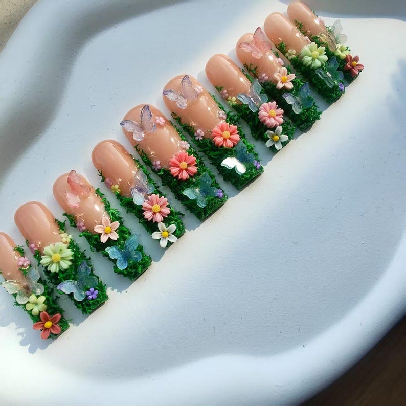 3D Floral Press On Nails: Green Plant Luxury Acrylic Nails image 6