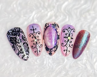 Mystic Lace & Cat-Eye Illusion Press-On Nails – Handmade Luxury Set