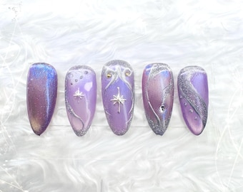 Celestial Aura Press On Nails – Purple Crystal Starry Galaxy Fairy Style