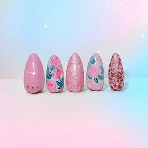 May include: Five pink artificial nails with various designs. One nail has small silver studs, two feature pink roses with green leaves, one has a pearlescent finish, and the last has a gold floral pattern.