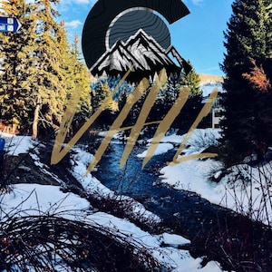 May include: Scenic winter landscape with a river flowing through a snowy valley. The image features a stylized mountain graphic with the word "VAIL" overlaid in gold. The sky is blue with scattered clouds.