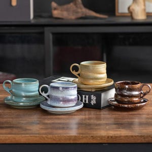 Handmade Retro Ceramic Coffee Cup and Saucer Set – Unique Glazed Stoneware Mug for Tea, Cappuccino, Latte, Office and Home