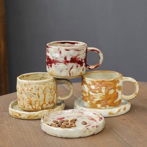 Wabi Sabi Ceramic Mug – Rustic Handmade Japanese Coffee Cup with Saucer | Minimalist Glazed Pottery Tea Mug | Unique Earthy Stoneware Gift