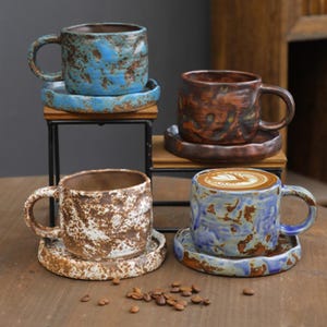 Rustic Ceramic Coffee Cup and Saucer Set – Handmade Pottery Mug, Artisan Latte Cup, Vintage Style Cappuccino Cup for Tea & Coffee Lovers