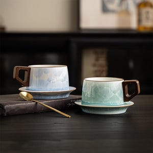 Crystal Glaze Ceramic Coffee Cup and Saucer Set – Modern Tea Cup Mug with Wooden Handle – Handmade Unique Ceramic Drinkware Gift