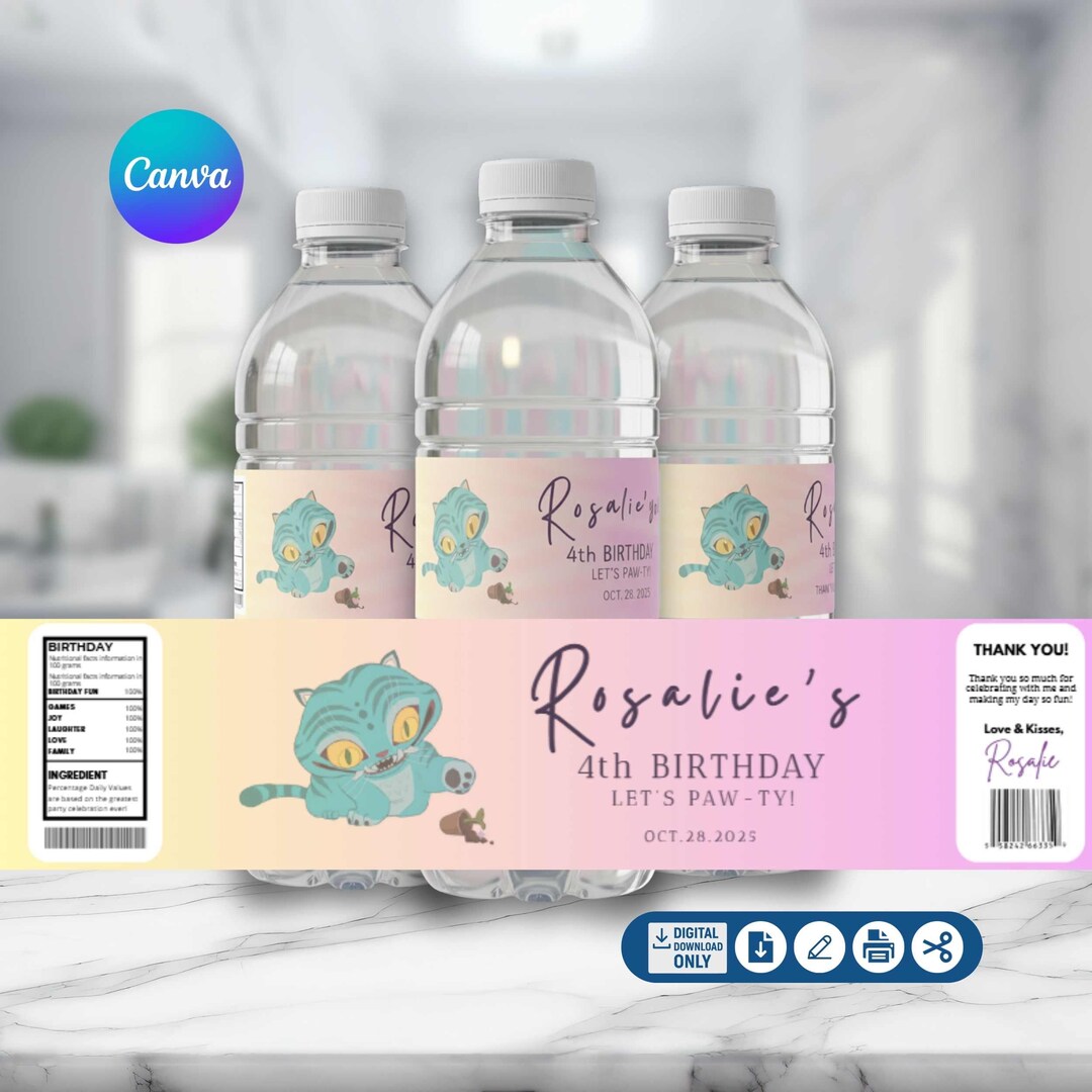 Editable Kpop Demon Hunters Derpy Tiger Water Bottle Label for