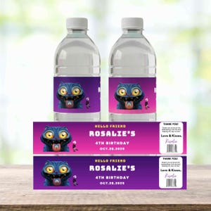May include: Two water bottles with labels featuring a cartoon cat with a purple background. Below are two matching labels with the text "HELLO FRIEND ROSALIE'S 4TH BIRTHDAY OCT.28.2025". The labels also include the text "THANK YOU! Love & Kisses, Rosalie".