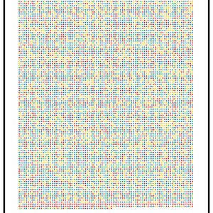 May include: A framed print displaying the "HEPATITIS C VIRUS (HCV) COMPLETE GENOME SEQUENCE." The image is a grid of coloured dots: green, blue, yellow, and red. The bottom of the print shows the number and percentage of each colour.