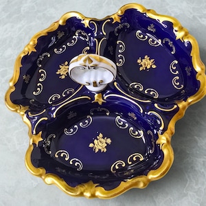 Vintage Reichenbach Porcelain Candy Dish: Gilt Cobalt 3-Compartment Bowl