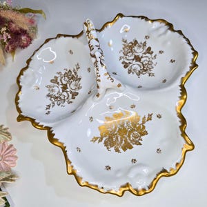 French Vintage Porcelain Serving Tray - 3 Sections with Gold Accents and Handle