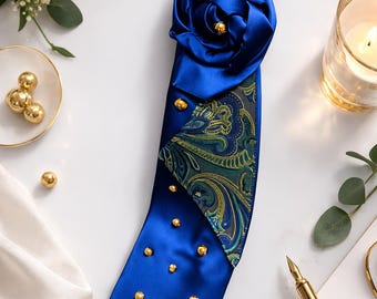 Satin Sapphire Luxury Tie With Pearl Necklace
