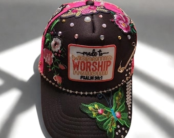 Butterfly Charm Trucker Hat: Green, Pink, and Black Gem Apparel