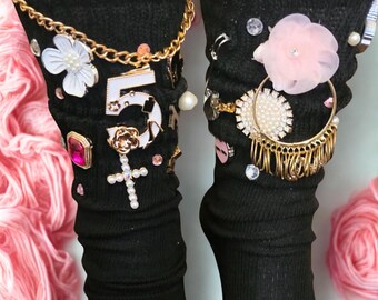 Luxury Black, White & Pink Cotton Junk Socks: Embellished Fashion Statement
