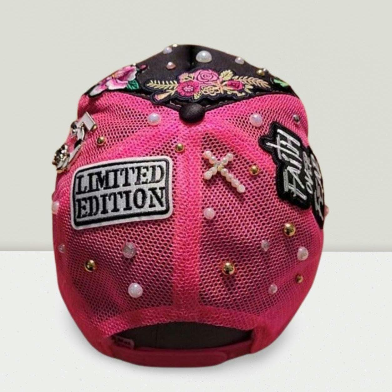 Pink Butterfly Beaded Retro Floral Sequined Rhinestone Y2K Statement Trucker Hat Pink Trucker Hat With Butterflies and Losts of Bling - Etsy main image 4
