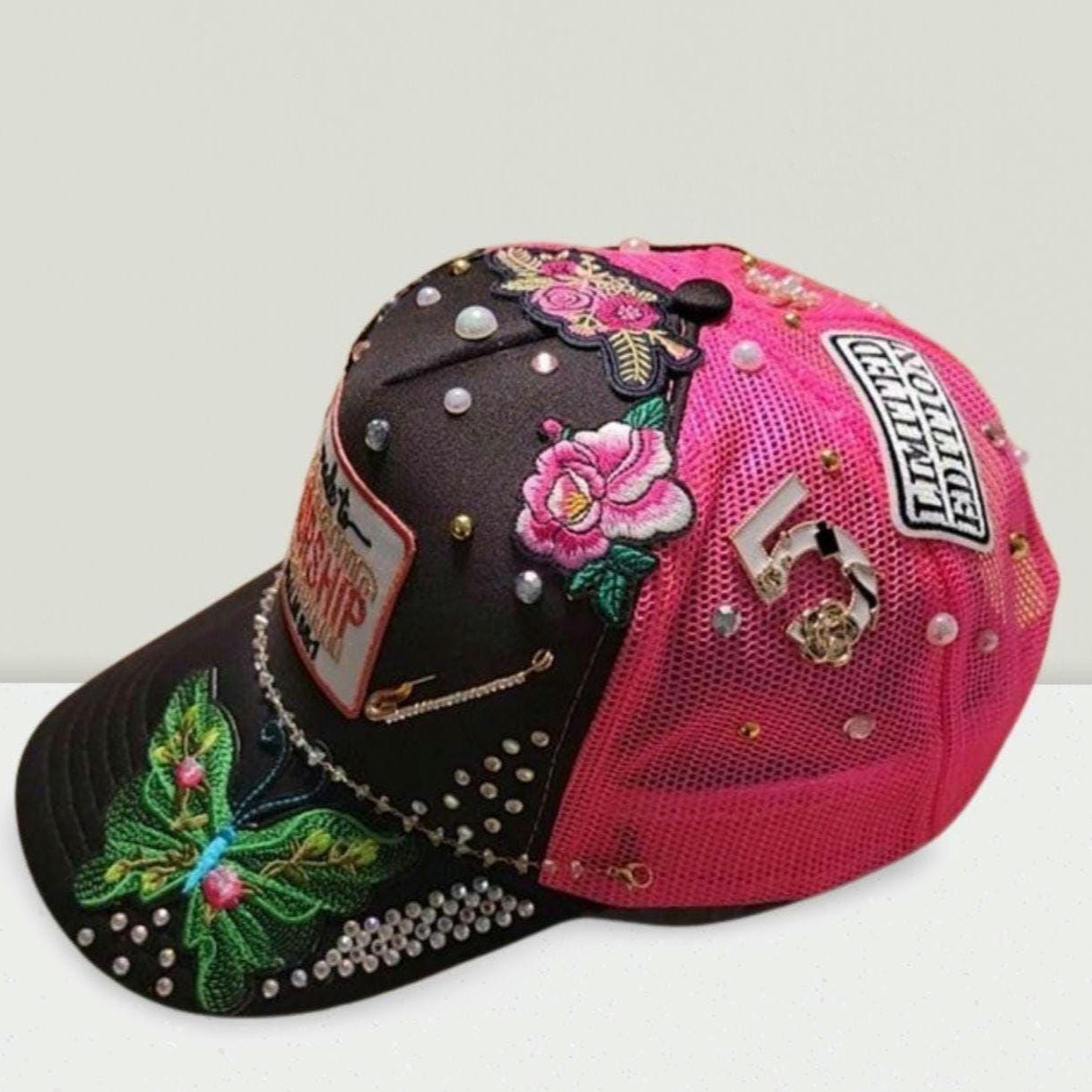 Butterfly Charm Trucker Hat: Green, Pink, and Black Gem  display picture 3