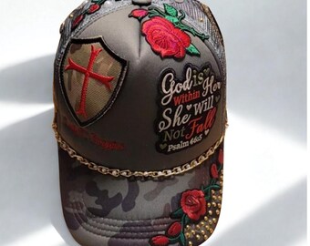 Personalized Faith Inspired Army Camo Trucker Hat with Name Embroidery