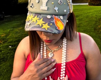 Personalized Camo Trucker Hat: Faith Inspired, Decorative Charms, with Pearled Initial
