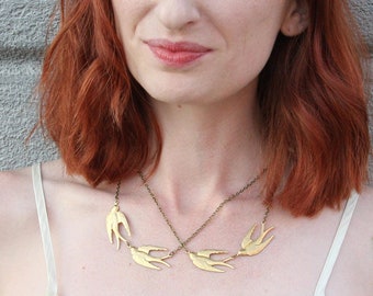 Flying sparrows multi-strand necklace in brass, bird themed unique necklace, gift for her, nature-themed jewelry