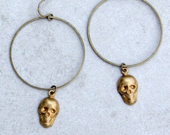 Brass skull hoop earrings, edgy rockabilly style jewelry for men or women, single earrings, mix and match earrings