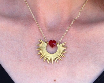 Red sacred heart necklace with swarovski crystal heart, shining heart love talisman medallion necklace, unique sacred heart