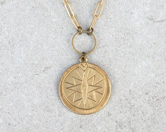 Brass compass charm necklace on matte gold-plated chain, wilderness necklace or gift for travelers, home is where the heart is, northstar