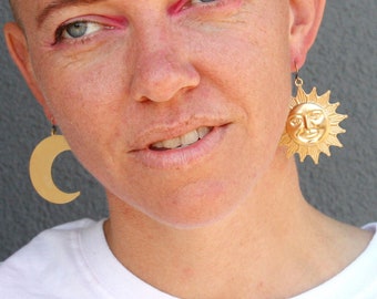 Giant sun and moon earrings, oversized earrings, lightweight jewelry for witches, sun face earrings