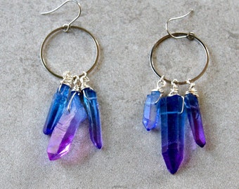 Blue ombre quartz point earrings, water element earrings, unique colorful earrings