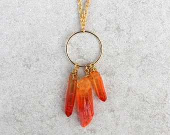 Long red ombre quartz layering necklace, quartz pendant gift for her, fire element necklace