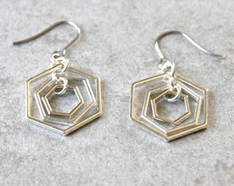 Hexagon geometric drop earrings, silver hexagon earrings, small earrings, lightweight earrings, everyday jewelry