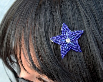 Cobalt blue star beaded hair clip, updo hair accessory