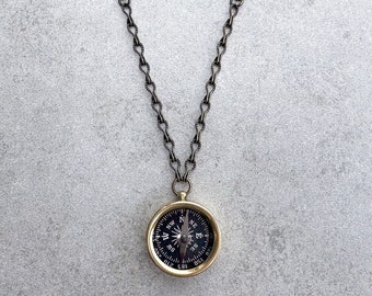 Compass pendant necklace in brass, 33" long necklace, for travel enthusiasts or found object jewelry for casual wear