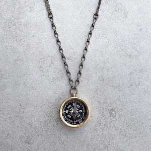 Compass pendant necklace in brass, 33" long necklace, for travel enthusiasts or found object jewelry for casual wear