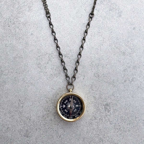 Compass pendant necklace in brass, 33" long necklace, for travel enthusiasts or found object jewelry for casual wear