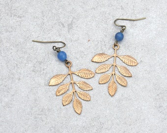 Branch earrings with blue bead accents, gift for nature lovers, plant lovers jewelry