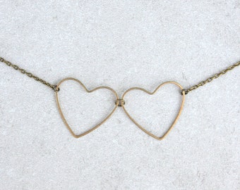 Interlocking brass hearts necklace, two hearts on a simple, dainty necklace, double heart necklace, gift for girlfriend, birthday gift