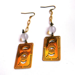 Tarot card long earrings, punched brass earrings in a witchy style, light earrings for everyday wear