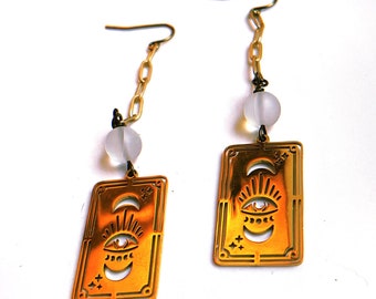 Tarot card long earrings, punched brass earrings in a witchy style, light earrings for everyday wear