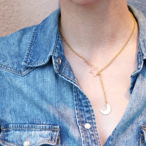 Moon and star lariat necklace, star and moon y necklace, claspless necklace, celestial necklace, crescent moon dainty necklace for women